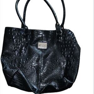 Marc Fisher Black Faux Leather Handbag Tote Embossed Faux Croc Business Office